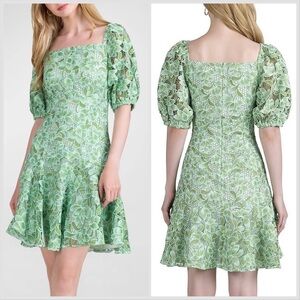 Shoshanna Layne Lace Puff-Sleeve Mini dress Green Light Blue Sz 12